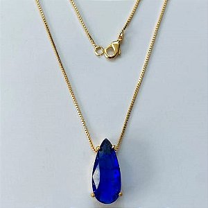 GARGANTILHA FOLHEADA A OURO - BANHADO COM 5 MILÉSIMOS + VERNIZ DIAMOND - CORRENTE VENEZIANA 45CM E PINGENTE EM ZIRCÔNIA AZUL ESCURO21X9MM - OURO681