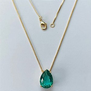 GARGANTILHA FOLHEADA A OURO - BANHADO COM 5 MILÉSIMOS + VERNIZ DIAMOND - CORRENTE VENEZIANA 45CM E PINGENTE EM ZIRCÔNIA VERDE 9X13MM - OURO685