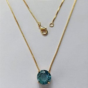 GARGANTILHA FOLHEADA A OURO - BANHADO COM 5 MILÉSIMOS + VERNIZ DIAMOND - CORRENTE VENEZIANA 45CM E PINGENTE EM ZIRCÔNIA REDONDA AZUL 9MM - OURO686
