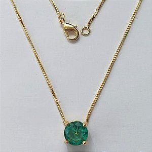 GARGANTILHA FOLHEADA A OURO - BANHADO COM 5 MILÉSIMOS + VERNIZ DIAMOND - CORRENTE VENEZIANA 45CM E PINGENTE EM ZIRCÔNIA REDONDA VERDE7MM - OURO689
