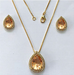 CONJUNTO NO BRUTO PRONTO PARA O BANHO/COM CORRENTE VENEZIANA 45CM / BRINCO TAMANHO 6X8MM E PINGENTE 10X14 - BASE EM ALTA FUSÃO TODO CRAVEJADO E COM PEDRA DE ZIRCONIA(PESO DO CONJUNTO 6.6GR - - BRU3331