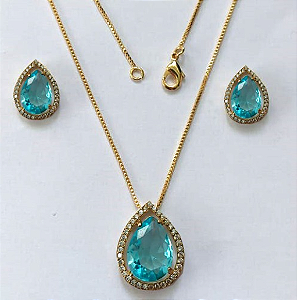 CONJUNTO NO BRUTO PRONTO PARA O BANHO/COM CORRENTE VENEZIANA 45CM / BRINCO TAMANHO 6X8MM E PINGENTE 10X14 - BASE EM ALTA FUSÃO TODO CRAVEJADO E COM PEDRA DE ZIRCONIA(PESO DO CONJUNTO 6.6GR - - BRU3334