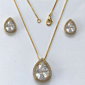 CONJUNTO NO BRUTO PRONTO PARA O BANHO/COM CORRENTE VENEZIANA 45CM / BRINCO TAMANHO 6X8MM E PINGENTE 10X14 - BASE EM ALTA FUSÃO TODO CRAVEJADO E COM PEDRA DE ZIRCONIA(PESO DO CONJUNTO 6.6GR - - BRU3336