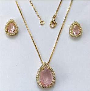 CONJUNTO NO BRUTO PRONTO PARA O BANHO/COM CORRENTE VENEZIANA 45CM / BRINCO TAMANHO 6X8MM E PINGENTE 10X14 - BASE EM ALTA FUSÃO TODO CRAVEJADO E COM PEDRA DE ZIRCONIA(PESO DO CONJUNTO 6.6GR - - BRU3337