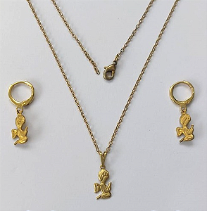 CONJUNTO NO BRUTO PRONTO PARA O BANHO(E0478)PESO TOTAL 1.7GR - COM CORRENTE CADEADO E BRINCO COM BASE ARGOLINHA DE PRESSÃO BRU3341