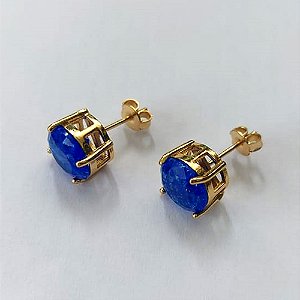 BRINCO FOLHEADO A OURO - BANHADO COM 5 MILÉSIMOS + VERNIZ DIAMOND - BRINCO DE PINO COM ZIRCÔNIA REDONDA AZUL FUSION 10X10MM - OURO707