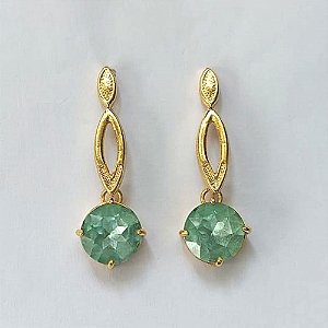 BRINCO FOLHEADO A OURO - BANHADO COM 5 MILÉSIMOS + VERNIZ DIAMOND - BRINCO DE PINO COM BASE VAZADA E ZIRCÔNIA REDONDA VERDE 10MM - OURO713