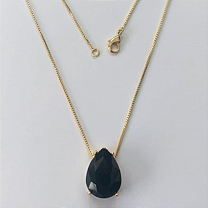 GARGANTILHA FOLHEADA A OURO - BANHADO COM 5 MILÉSIMOS + VERNIZ DIAMOND - CORRENTE VENEZIANA 45CM E PINGENTE EM ZIRCÔNIA PRETA 12X18MM - OURO716