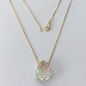 GARGANTILHA FOLHEADA A OURO - BANHADO COM 5 MILÉSIMOS + VERNIZ DIAMOND - CORRENTE VENEZIANA 45CM E PINGENTE EM ZIRCÔNIA CRISTAL 12X18MM - OURO717