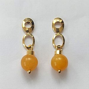 BRINCO FOLHEADO A OURO - BANHADO COM 5 MILÉSIMOS + VERNIZ DIAMOND - BRINCO DE PINO BASE VAZADA E PEDRA NATURAL ÁGATA 8MM - OURO744