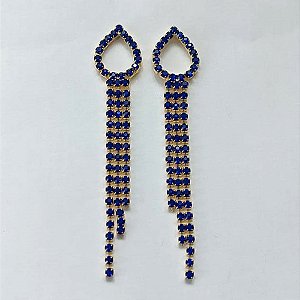 BRINCO FOLHEADO A OURO - BANHADO COM 5 MILÉSIMOS + VERNIZ DIAMOND - BRINCO DE PINO GOTA VAZADA TODA EM ZIRCÔNIAS AZUIS - OURO774