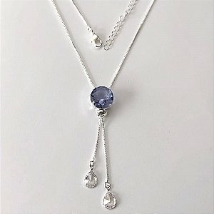 GARGANTILHA FOLHEADA A PRATA COM 50 MILÉSIMOS + VERNIZ DIAMOND CORRENTE VENEZIANA GRAVATINHA 450CM COM PINGENTE EM ZIRCÔNIAS GOTAS E PEDRA EM ZIRCÔNIA LILÁS 12MM - PRA725