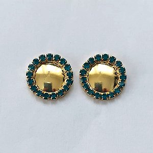 BRINCO FOLHEADO A OURO COM VERNIZ DIAMOND - BRINCO DE PINO REDONDO CRAVEJADO EM MICROS ZIRCÔNIAS AZUIS 15MM - OURO787