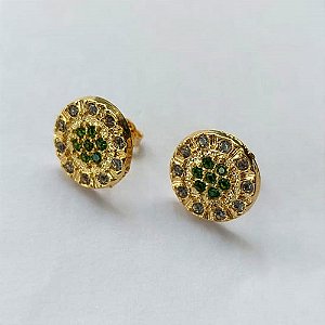 BRINCO FOLHEADO A OURO COM VERNIZ DIAMOND - BRINCO DE PINO REDONDO CRAVEJADO EM MICROS ZIRCÔNIAS 13MM - OURO797