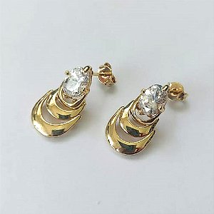 BRINCO FOLHEADO A OURO COM VERNIZ DIAMOND - BRINCO DE PINO PEDRA EM ZIRCÔNIA 22MM - OURO817