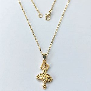 GARGANTILHA FOLHEADA A OURO 5 MILÉSIMOS + VERNIZ DIAMOND - CORRENTE CADEADO 45CM E PINGENTE BAILARINA 26MM - OURO823