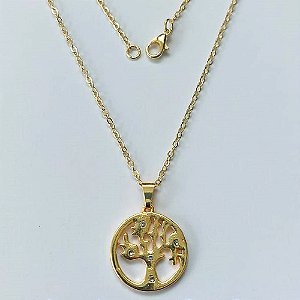 GARGANTILHA FOLHEADA A OURO 5 MILÉSIMOS + VERNIZ DIAMOND - CORRENTE CADEADO 45CM E PINGENTE REDONDO ÁRVORE DA VIDA COM ZIRCÔNIAS 19MM - OURO828