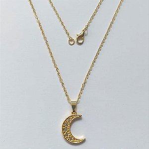 GARGANTILHA FOLHEADA A OURO 5 MILÉSIMOS + VERNIZ DIAMOND - CORRENTE CADEADO 45CM E PINGENTE LUA COM ZIRCÔNIAS 16MM - OURO831