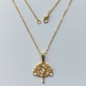 GARGANTILHA FOLHEADA A OURO 5 MILÉSIMOS + VERNIZ DIAMOND - CORRENTE CADEADO 45CM E PINGENTE ÁRVORE DA VIDA COM ZIRCÔNIAS 20MM - OURO832