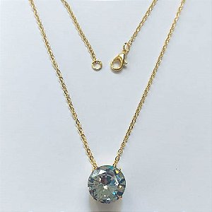 GARGANTILHA FOLHEADA A OURO 5 MILÉSIMOS + VERNIZ DIAMOND - CORRENTE CADEADO 45CM E PINGENTE COM ZIRCÔNIA REDONDA CRISTAL 12X12MM - OURO833