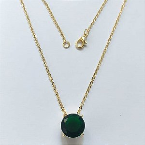 GARGANTILHA FOLHEADA A OURO 5 MILÉSIMOS + VERNIZ DIAMOND - CORRENTE CADEADO 45CM E PINGENTE COM ZIRCÔNIA REDONDA VERDE ESCURA 12X12MM - OURO834