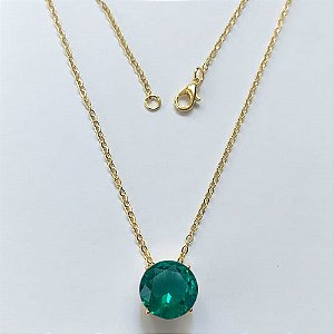 GARGANTILHA FOLHEADA A OURO 5 MILÉSIMOS + VERNIZ DIAMOND - CORRENTE CADEADO 45CM E PINGENTE COM ZIRCÔNIA REDONDA VERDE 12X12MM - OURO839