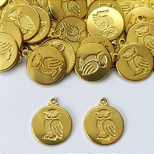 ACESSÓRIO NO BRUTO PRONTO PARA O BANHO - (CX.67) (2620) PINGENTE REDONDO CORUJA 15MM - PESO TOTAL 0,5GR - COMPOSIÇÃO: 100% LATÃO - BRU0003377