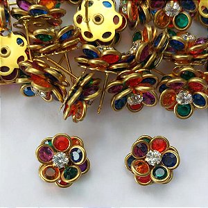 BRINCO NO BRUTO PRONTO PARA O BANHO(CX124)- (AV) BRINCO DE PINO FLOR CRAVEJADA EM ZIRCÔNIAS COLORIDAS 12MM - PESO TOTAL 2,6GR - COMPOSIÇÃO: LATÃO / ZIRCÔNIA - BRU16309