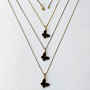 GARGANTILHA NO BRUTO PRONTA PARA O BANHO - KIT COM 3 CORRENTES VENEZIANAS 45CM E PINGENTES BORBOLETAS EM RESINA PRETA 14MM - PESO TOTAL 5,8GR - BRU16318