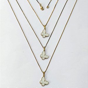 GARGANTILHA NO BRUTO PRONTA PARA O BANHO - KIT COM 3 CORRENTES VENEZIANAS 45CM E PINGENTES BORBOLETAS EM RESINA MADRE PÉROLA 14MM - PESO TOTAL 5,8GR - BRU16319