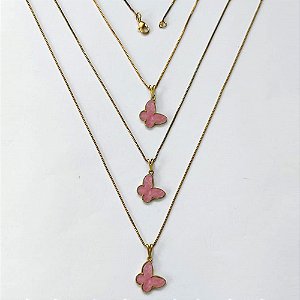 GARGANTILHA NO BRUTO PRONTA PARA O BANHO - KIT COM 3 CORRENTES VENEZIANAS 45CM E PINGENTES BORBOLETAS EM RESINA ROSA 14MM - PESO TOTAL 5,8GR - BRU16320