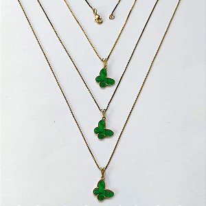 GARGANTILHA NO BRUTO PRONTA PARA O BANHO - KIT COM 3 CORRENTES VENEZIANAS 45CM E PINGENTES BORBOLETAS EM RESINA VERDE 14MM - PESO TOTAL 5,8GR - BRU16321