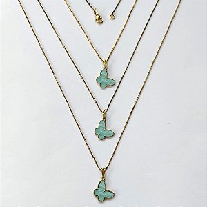 GARGANTILHA NO BRUTO PRONTA PARA O BANHO - KIT COM 3 CORRENTES VENEZIANAS 45CM E PINGENTES BORBOLETAS EM RESINA AZUL CLARA 14MM - PESO TOTAL 5,8GR - BRU16322