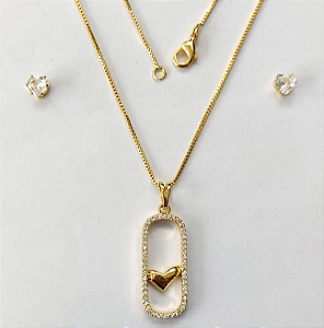 CONJUNTO FOLHEADO A OURO - BANHADO COM 5 MILÉSIMOS + VERNIZ DIAMOND - (CJB783) CONJUNTO COM CORRENTE VENEZIANA 45CM E PINGENTE COM PEDRAS EM ZIRCÔNIAS CRISTAIS - OURO878