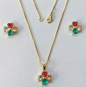 CONJUNTO FOLHEADO A OURO - BANHADO COM 5 MILÉSIMOS + VERNIZ DIAMOND - (CJB470) CONJUNTO COM CORRENTE VENEZIANA 45CM - OURO880