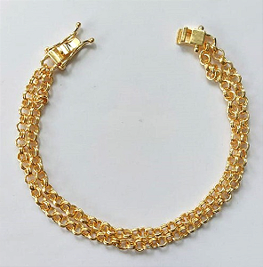 PULSEIRA FOLHEADO A OURO COM CORRENTE DUPLA MAIS FECHO GAVETA - BANHADO COM 5 MILÉSIMOS + VERNIZ DIAMOND - TAMANHO 19CM - OURO884