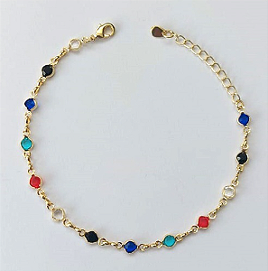 PULSEIRA FOLHEADO A OURO - BANHADO COM 5 MILÉSIMOS + VERNIZ DIAMOND - TODA CONTAS DE CRISTAL COLORIDO 18CM- OURO906