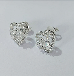 BRINCO FOLHEADA A PRATA COM 50 MILÉSIMOS + VERNIZ DIAMOND - BRINCOS DE PINO MODELO CORAÇÃO TODO CRAVEJADO 16MM -PRA768