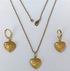 CONJUNTO NO BRUTO PRONTO PARA O BANHO - (E2548) CONJUNTO COM CORRENTE CADEADO 45CM COM BRINCOS ARGOLINHA DE PRESSÃO DE CORAÇÃO 13MM - PESO: 3,1GR - COMPOSIÇÃO: 100% LATÃO - BRU0003420