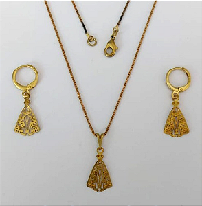 CONJUNTO NO BRUTO PRONTO PARA O BANHO - (222)TAMANHO NOSSA SENHORA 15MM / CONJUNTO COM CORRENTE VENEZIANA 45CM COM BRINCOS ARGOLINHA DE PRESSÃO - PESO: 3.4GR - COMPOSIÇÃO: 100% LATÃO - BRU0003433