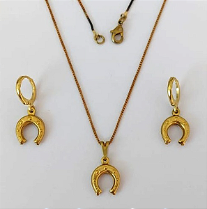 CONJUNTO NO BRUTO PRONTO PARA O BANHO - (E869)TAMANHO FERRADURA 14MM / CONJUNTO COM CORRENTE VENEZIANA 45CM COM BRINCOS ARGOLINHA DE PRESSÃO - PESO: 3.9GR - COMPOSIÇÃO: 100% LATÃO - BRU0003439