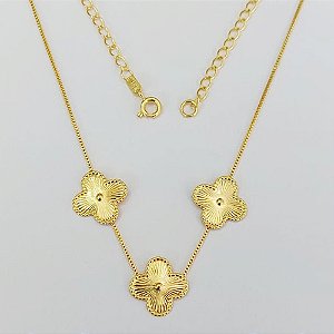 GARGANTILHA FOLHEADA A OURO - BANHADO COM 5 MILÉSIMOS + VERNIZ DIAMOND - (GARG28) GARGANTILHA 45CM + EXTENSOR COM TREVOS TIPO VAN CLEEF 15MM - OURO920