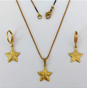 CONJUNTO NO BRUTO PRONTO PARA O BANHO - (E2640)TAMANHO ESTRELA 13MM / CONJUNTO COM CORRENTE VENEZIANA 45CM COM BRINCOS ARGOLINHA DE PRESSÃO - PESO: 3.6GR - COMPOSIÇÃO: 100% LATÃO - BRU0003440