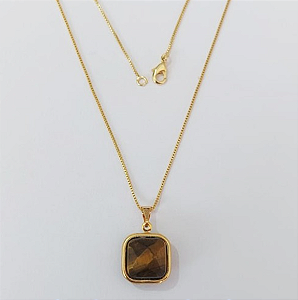 GARGANTILHA FOLHEADO A OURO - BANHADO COM 5 MILÉSIMOS + VERNIZ DIAMOND - CORRENTE VENEZIANA DE 45CM-PINGENTE PEDRA NATURASL DUPLA OLHO DE TIGRE - OURO928