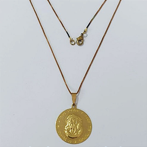 GARGANTILHA NO BRUTO PRONTO PARA O BANHO COM CORRENTE VENEZIANA DE 45CM (100% LATÃO )(E3023) -Medalha c/ Salmo e face 28MM -( PESO: 3.9GR - BRU0003482