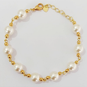 PULSEIRA FOLHEADO A OURO - BANHADO COM 5 MILÉSIMOS + VERNIZ DIAMOND - PULSEIRA TODA EM PEROLAS CASTROADAS ( TAMANHO 18CM+EXTENSOR- OURO949