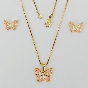 CONJUNTO FOLHEADO A OURO - BANHADO COM 5 MILÉSIMOS + VERNIZ DIAMOND(CJI417) - CONJUNTO COM BRINCOS DE PINO BORBOLETA E PINGENTE BORBOLETA ROSA 13MM - OURO954