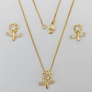 CONJUNTO FOLHEADO A OURO - BANHADO COM 5 MILÉSIMOS + VERNIZ DIAMOND(CJA1114) - CONJUNTO COM BRINCOS DE PINO FLOR DE ZIRCÔNIA E PINGENTE FLOR DE ZIRCÔNIA 12MM - OURO957