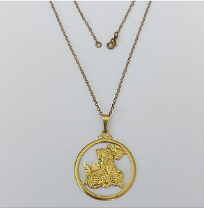 GARGANTILHA NO BRUTO PRONTO PARA O BANHO(534)- COM CORRENTE CADEADO DE 45CM COM FECHO LAGOSTA (Pingente Sao Jorge Vazado 30mm) / PESO 4.8GR - BRU0003509