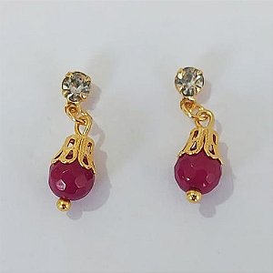 BRINCO FOLHEADO A OURO - BANHADO COM 5 MILÉSIMOS + VERNIZ DIAMOND - BRINCO DE PINO COM STRASS BRANCA E PEDRA SEXTAVADA 20MM -OURO988